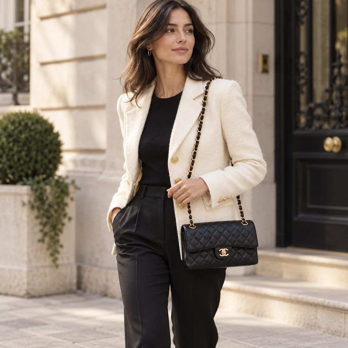 A model carrying a black quilted chain handbag on a sunlit city street