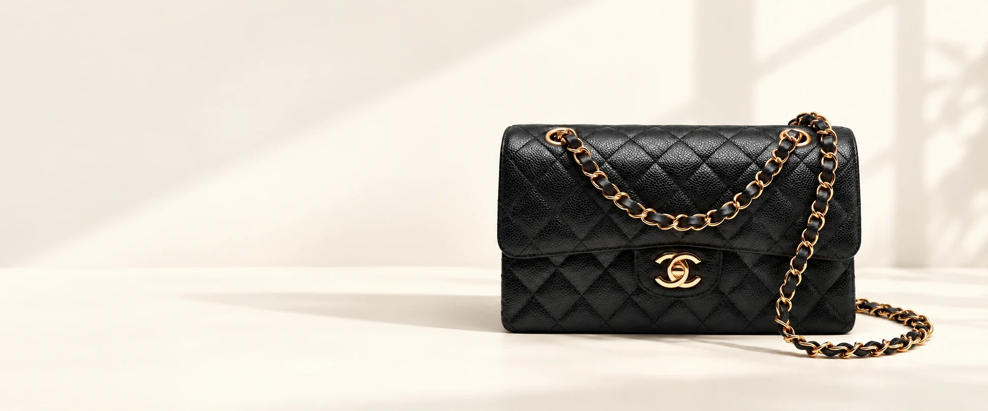 Black quilted handbag with a gold tone chain in a warm ivory studio setting