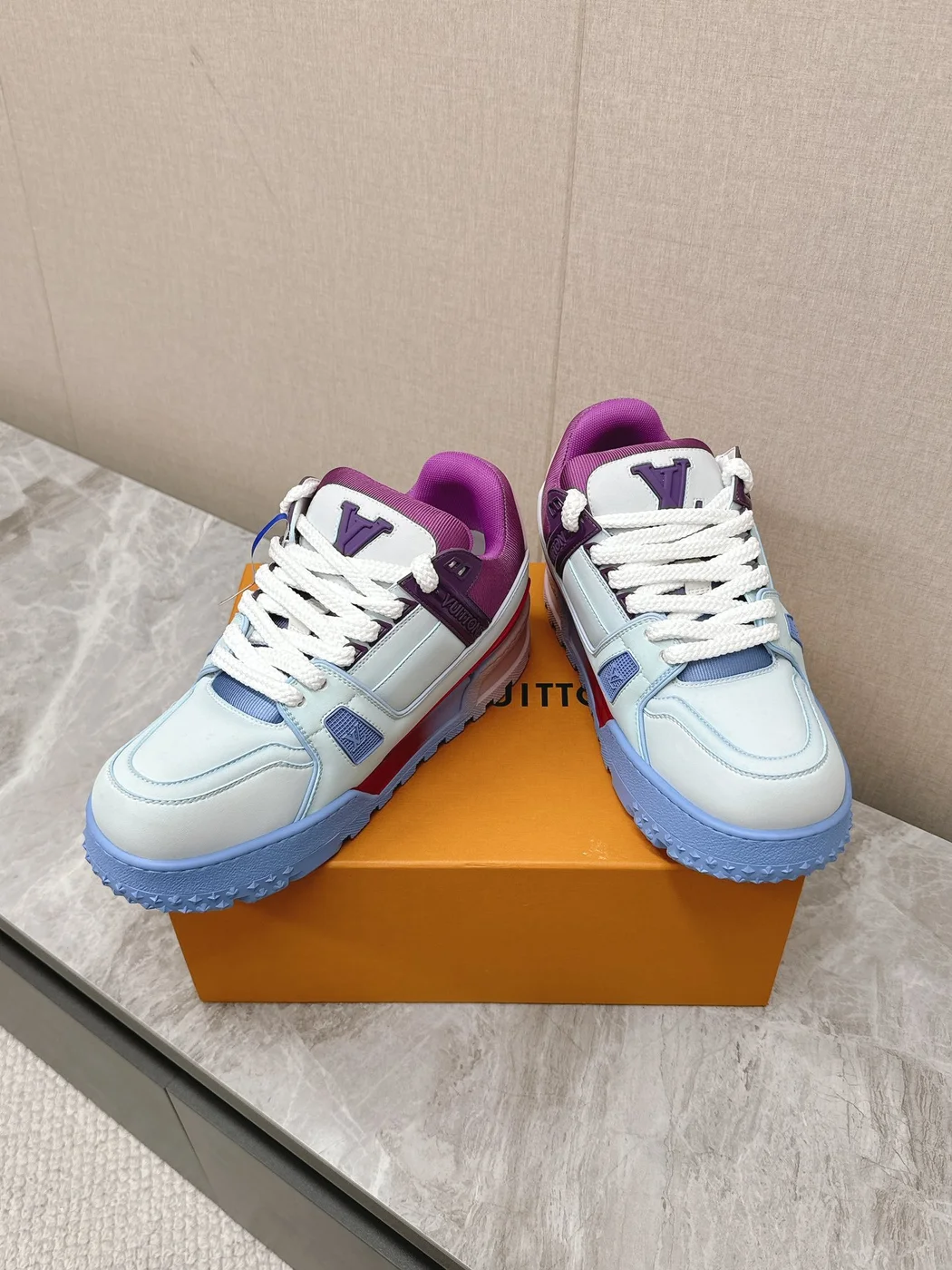 Louis Vuitton Women Sneakers — White and Light Blue with Purple Collar product view 6