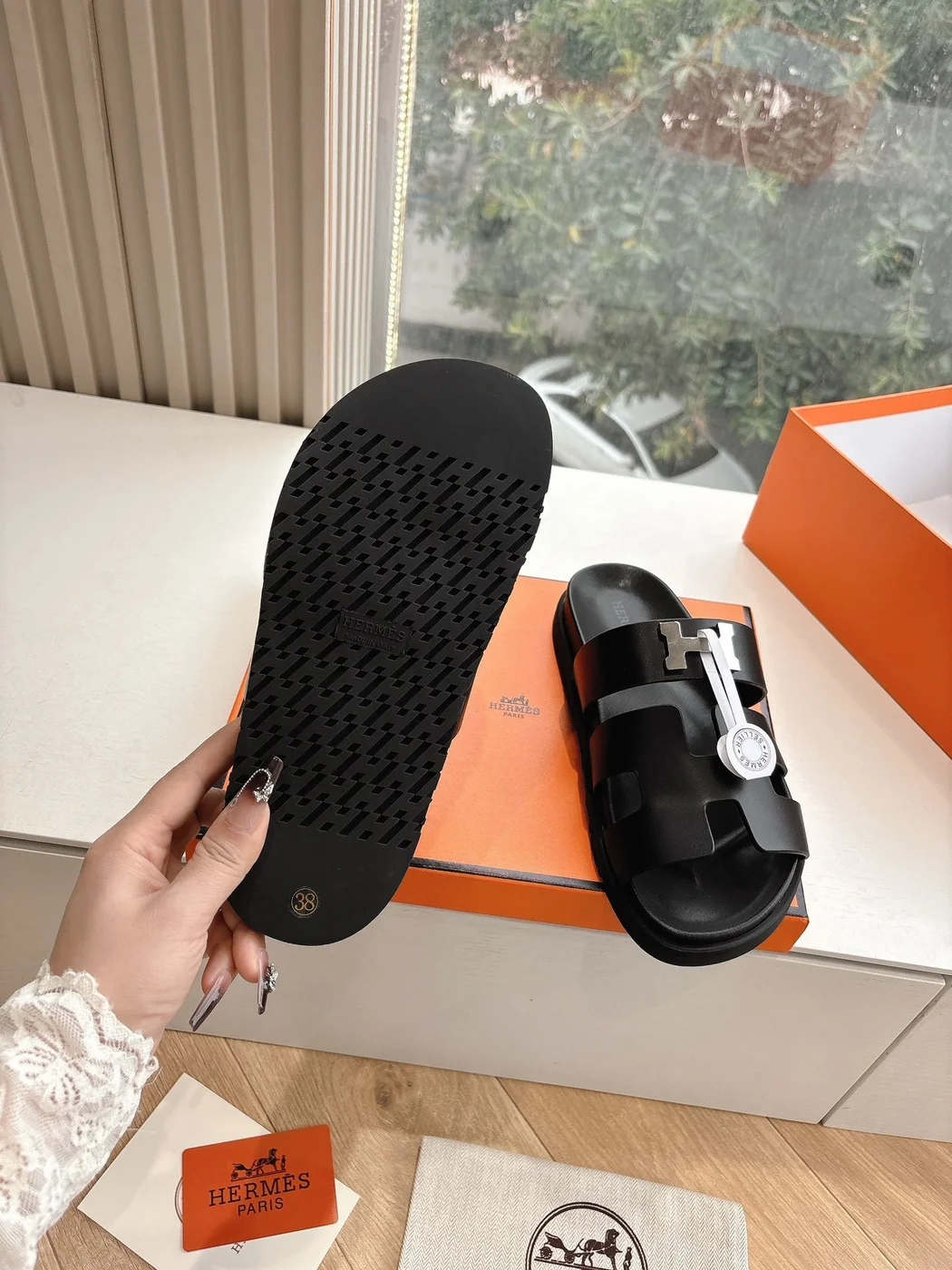 Hermès Women Black Leather Sandals — H-Strap Slides product view 2