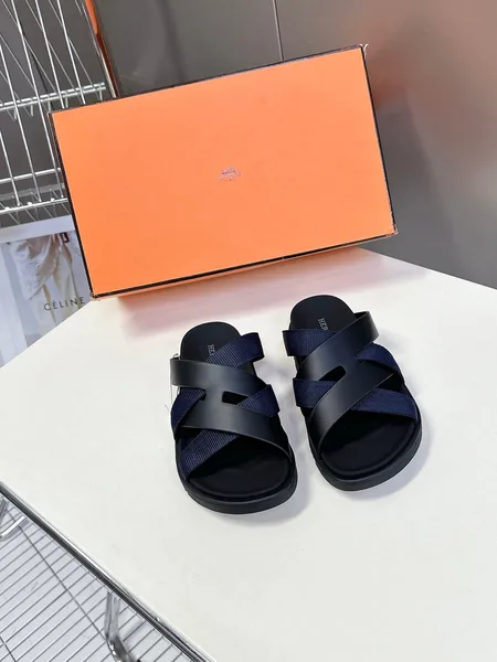 Hermès Women Navy Blue Leather And Fabric Sandals product photo