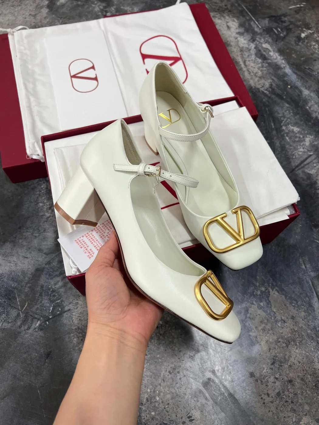 Valentino Women White Mary Jane Heels with Gold-Tone VLogo Detail product view 2
