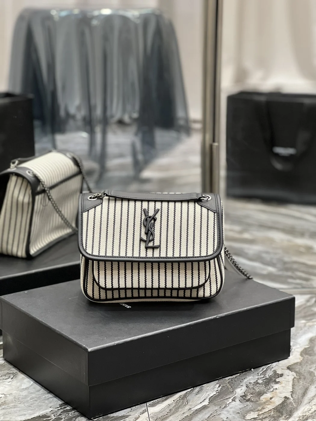 Saint Laurent Cotton Canvas Striped Vintage Calfskin Monogram Medium Niki Chain Satchel Bag product view 2