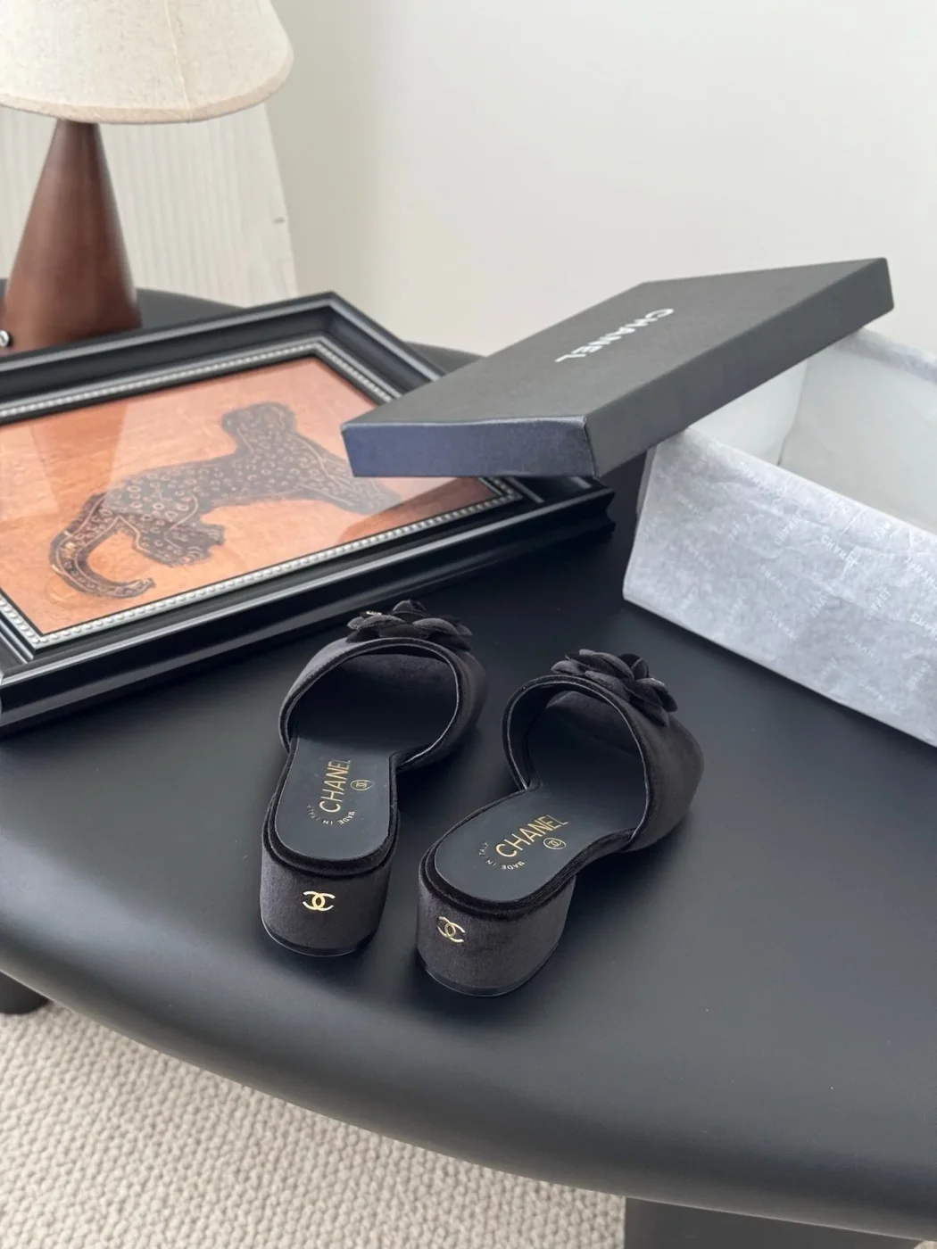 Chanel Women Black Velvet Flower Embellished Mules product view 6