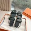 Hermès Women Black Leather Sandals — Two-Strap Metal-Bar Detail product view 4
