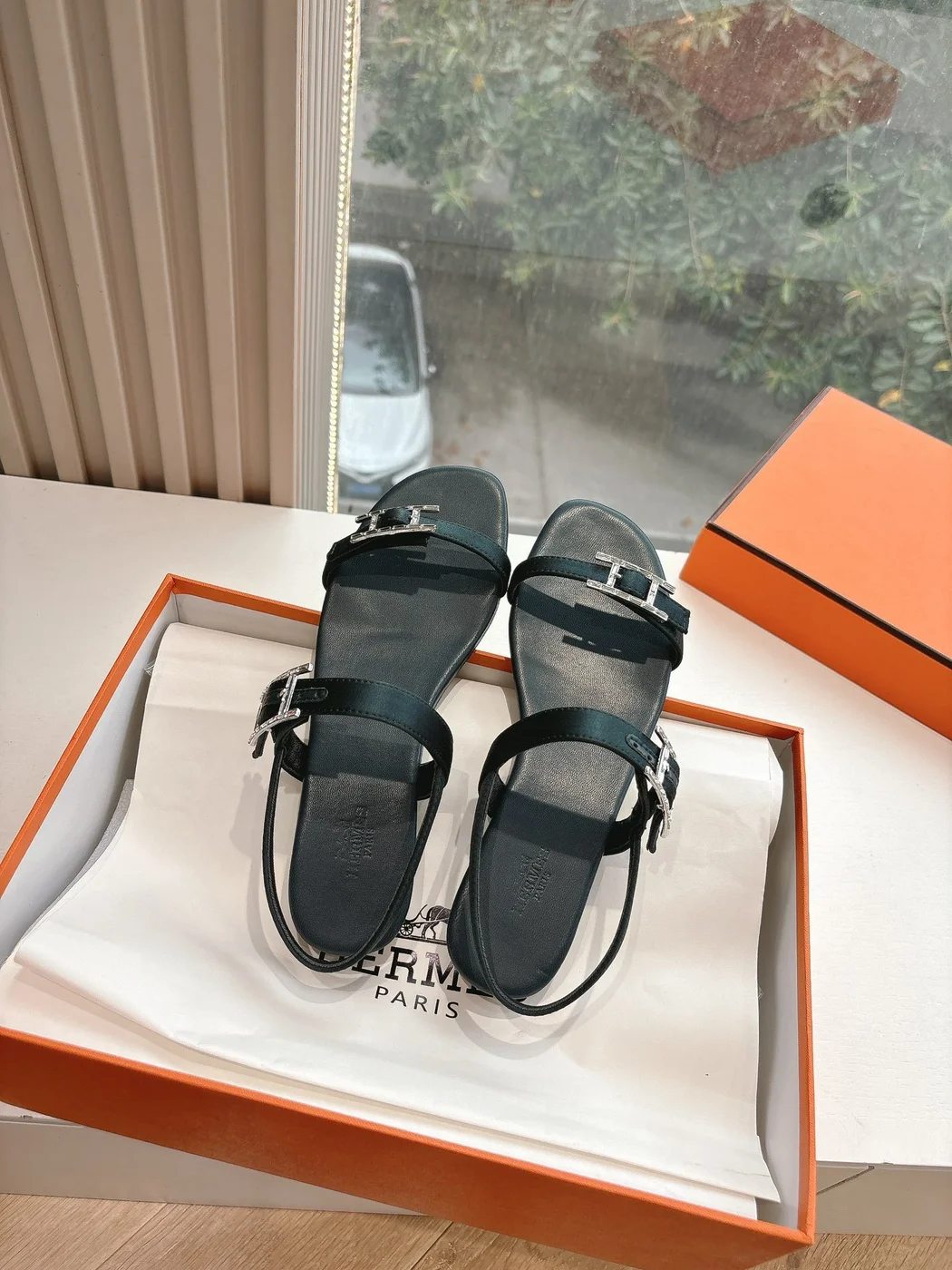 Hermès Women Black Leather Sandals — Two-Strap Metal-Bar Detail product view 4