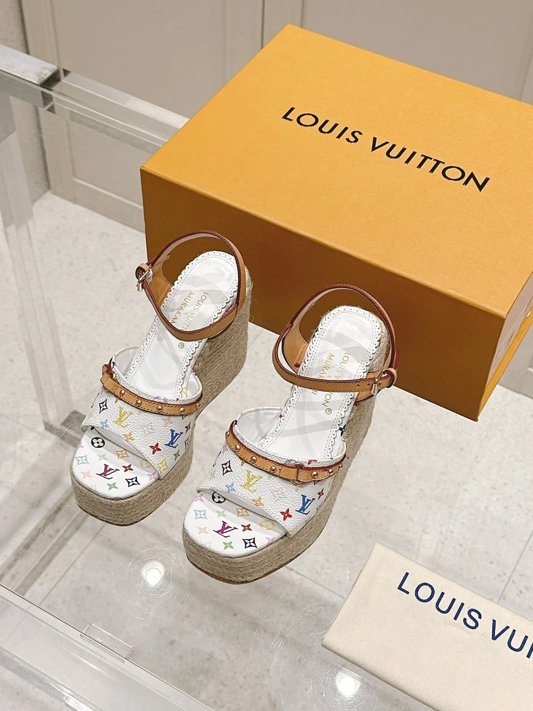 Louis Vuitton Women White Leather Multicolor Print Wedge Sandals product view 1