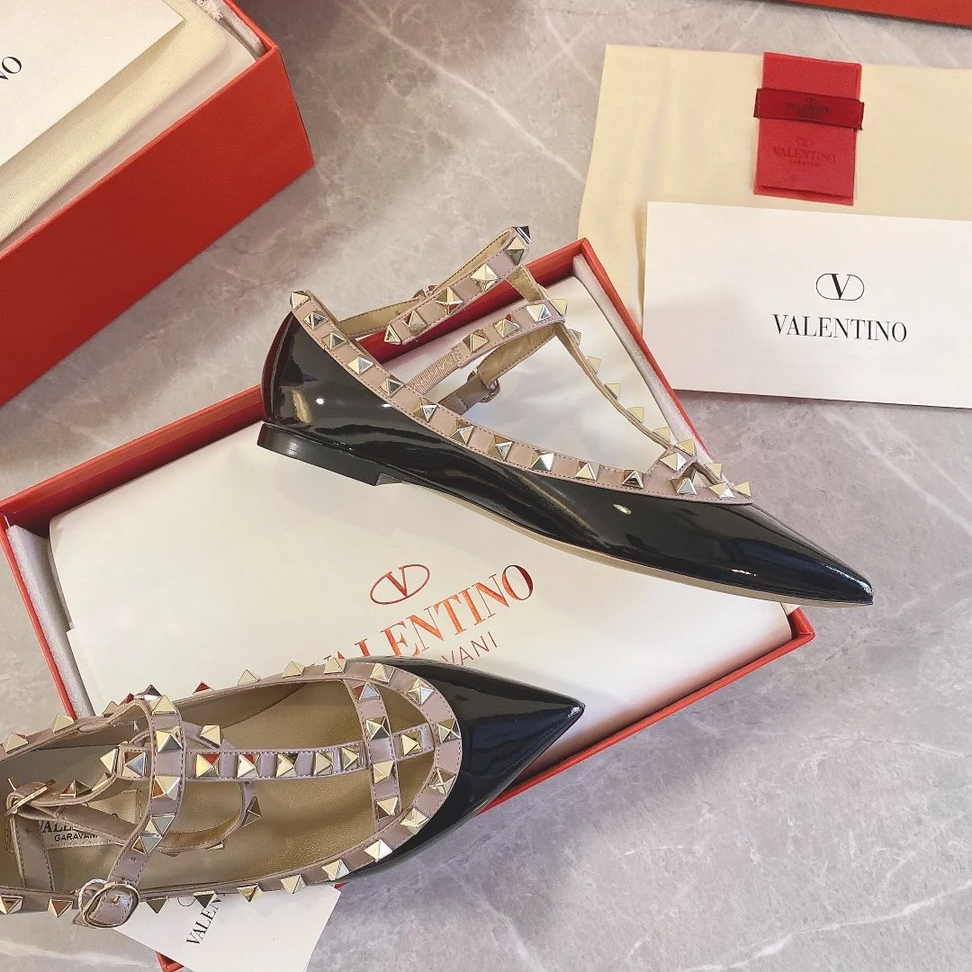 Valentino Women Black Studded T-Strap Pointed-Toe Flats product view 3