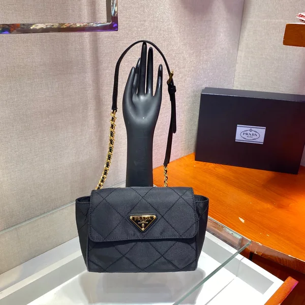 Prada Small Quilted Flap Bag 18 In Black Re-Nylon Fabric Gold Chain product photo