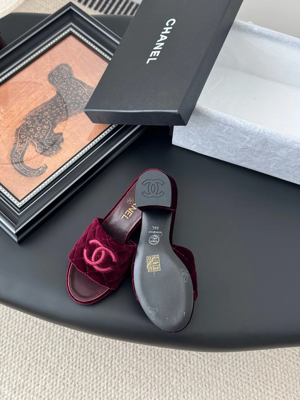 Chanel Women Burgundy Velvet Slide Sandals product view 4