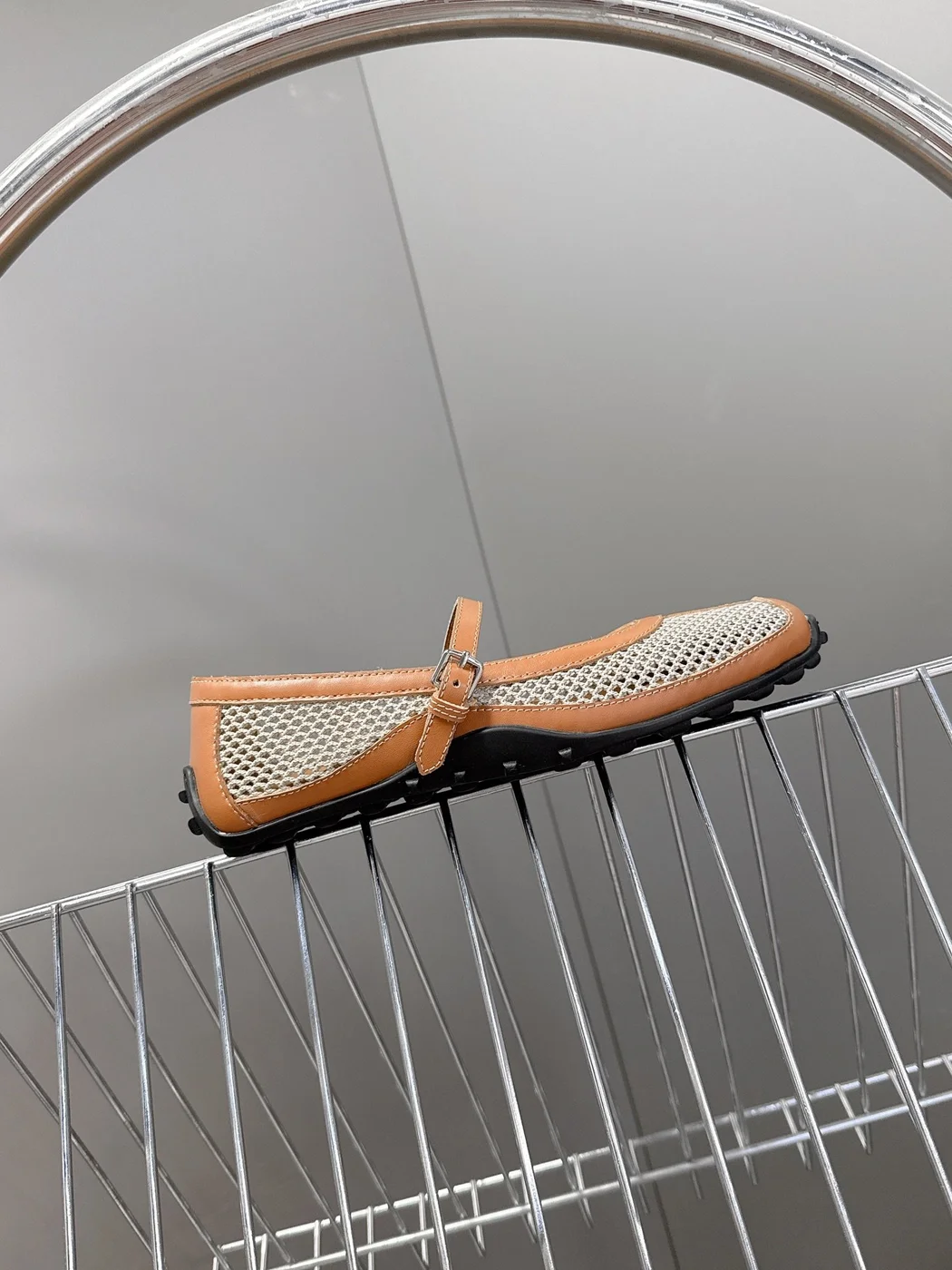 Hermès Women Beige Leather Mesh Mary Jane Flats product view 6