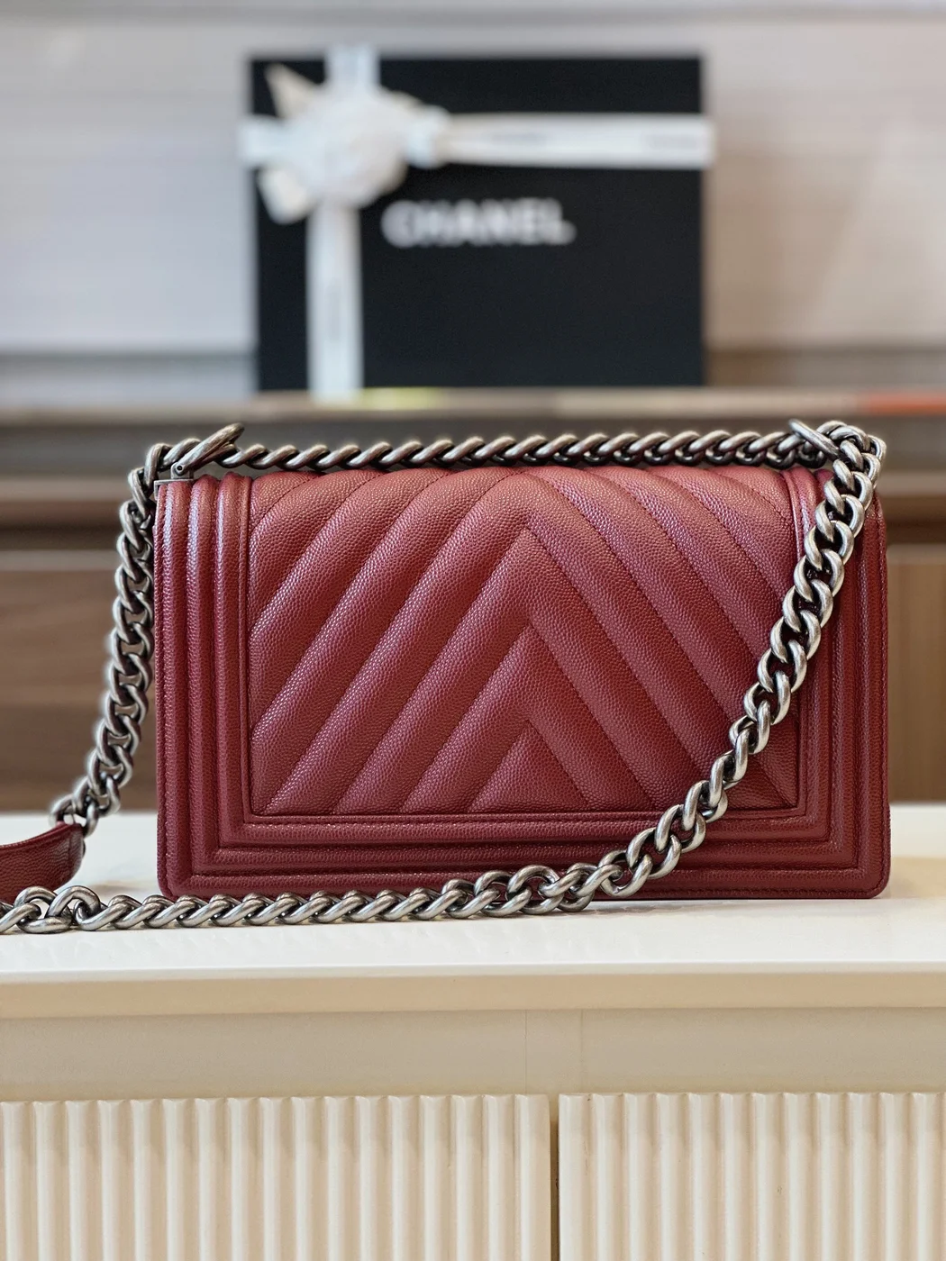 Chanel Boy Medium Handbag Woman’s V-Pattern Red Leather 25 cm product view 5