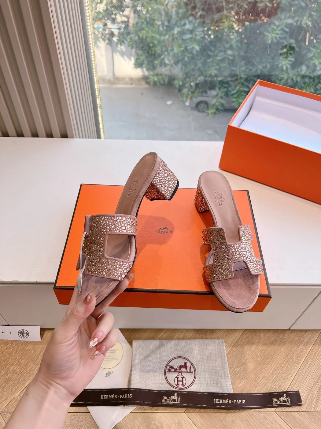 Hermès Women Pink Suede Crystal-Embellished Mules product view 6