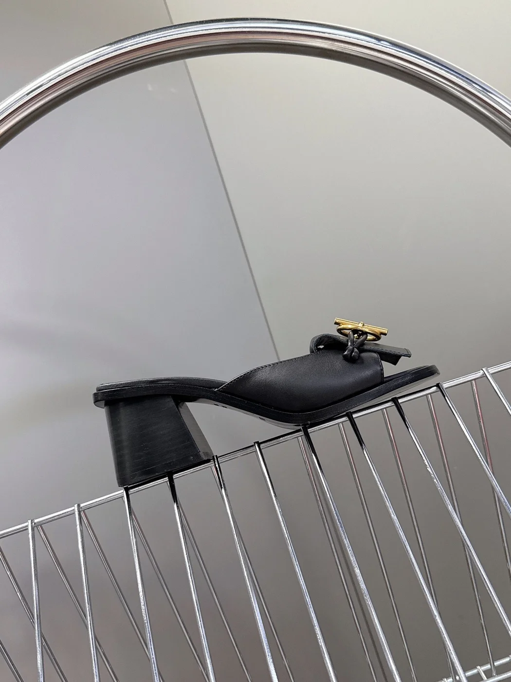 Hermès Women Black Leather Mules — Gold-Tone Buckle Open-Toe Style product view 6
