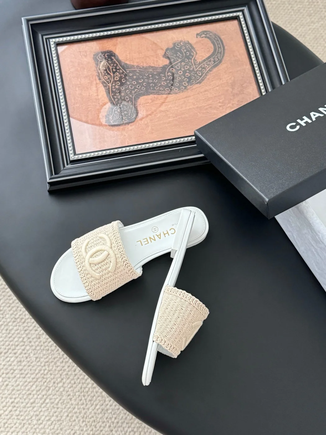 Chanel Women Woven-Fabric Slides — Beige with White Flat Sole product view 4