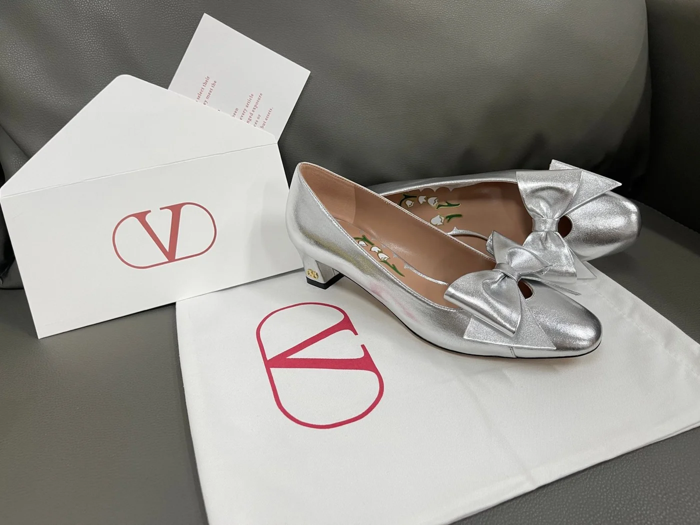 Valentino Women Silver Leather Bow Detail Flats product view 3