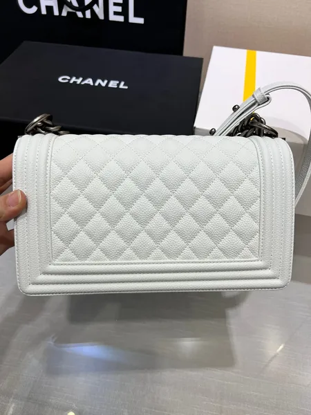 Chanel Boy Bag Medium 25 White Caviar Ruthenium Hardware product view 4