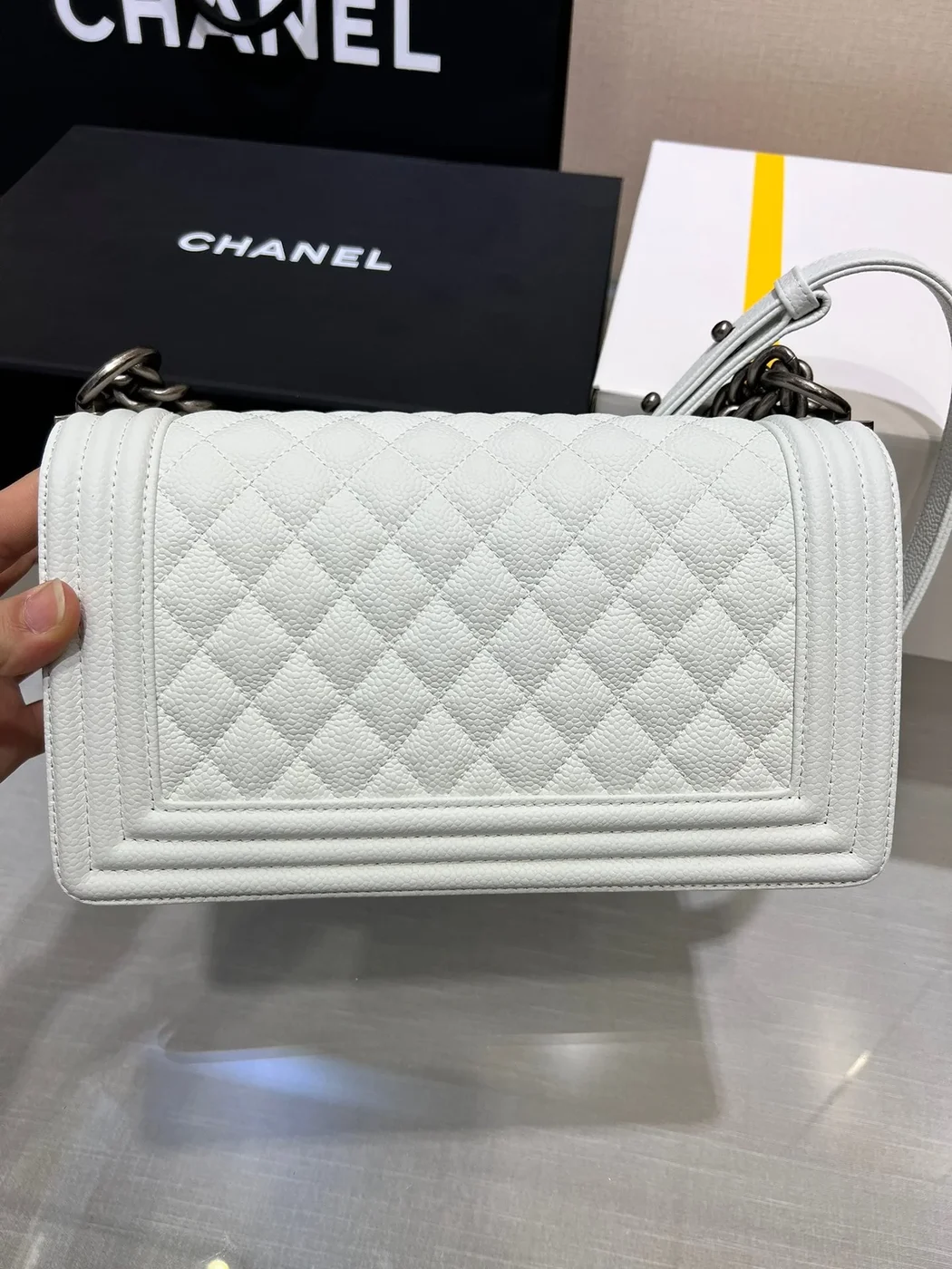 Chanel Boy Bag Medium 25 White Caviar Ruthenium Hardware product view 4