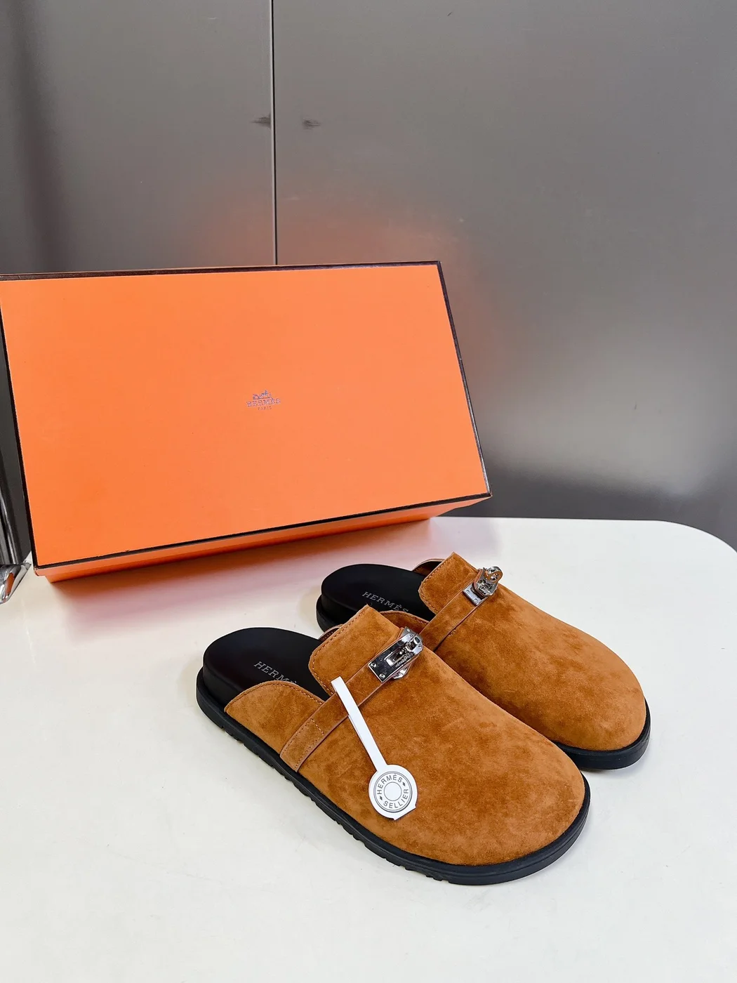 Hermès Women Tan Suede-Effect Closed-Toe Mules product view 5
