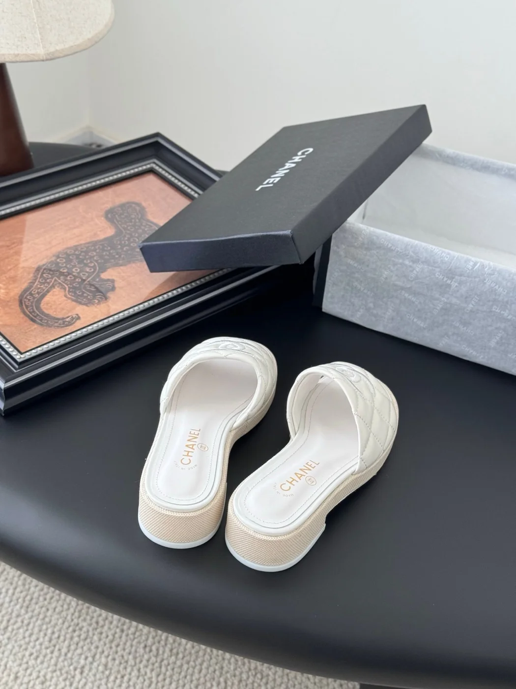 Chanel Women White Quilted Leather Slides — Tonal CC Detail product view 6