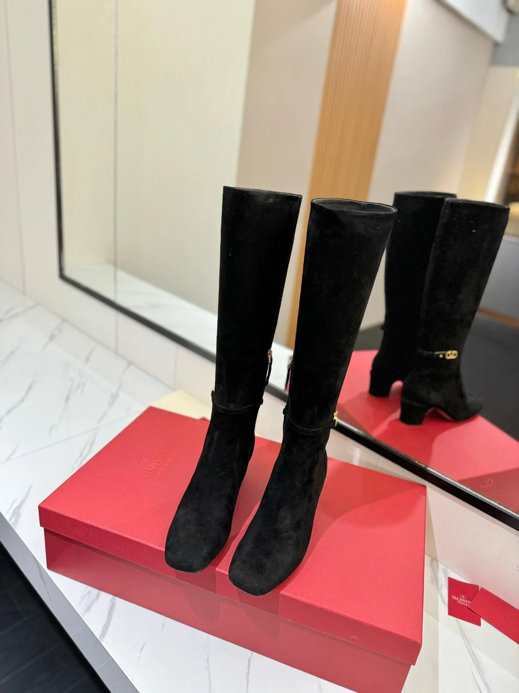Valentino Women Black Suede Mid Heel Boots product view 4
