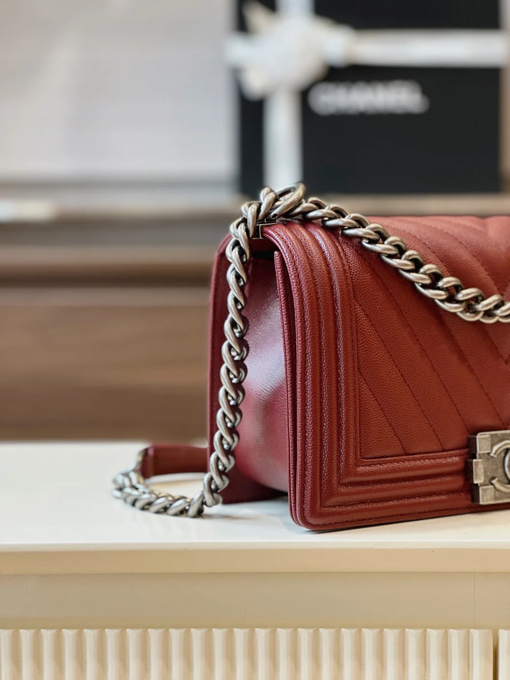 Chanel Boy Medium Handbag Woman’s V-Pattern Red Leather 25 cm product view 2