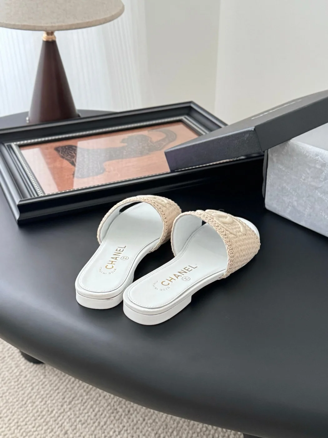 Chanel Women Woven-Fabric Slides — Beige with White Flat Sole product view 3