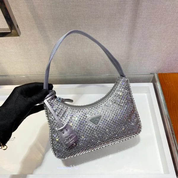 Prada Sparkling Hobo Bag 23 In Silver Nylon Attached Fully Crystals product photo