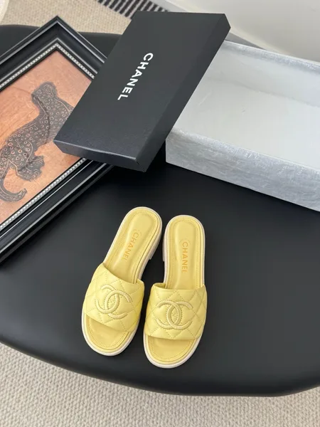 Chanel Women Yellow Quilted Leather Slides product photo