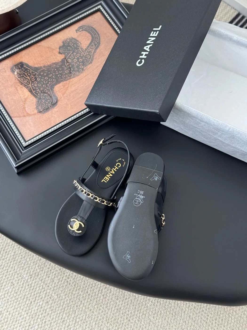 Chanel Women Black Leather Chain Detail Flat Sandals product view 4