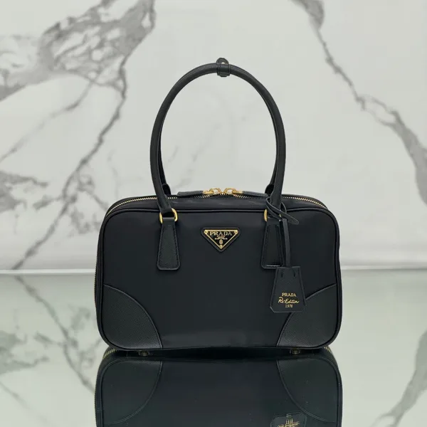 Prada Medium Top Handle Bag 30 In Black Nylon And Calfskin Trim product photo