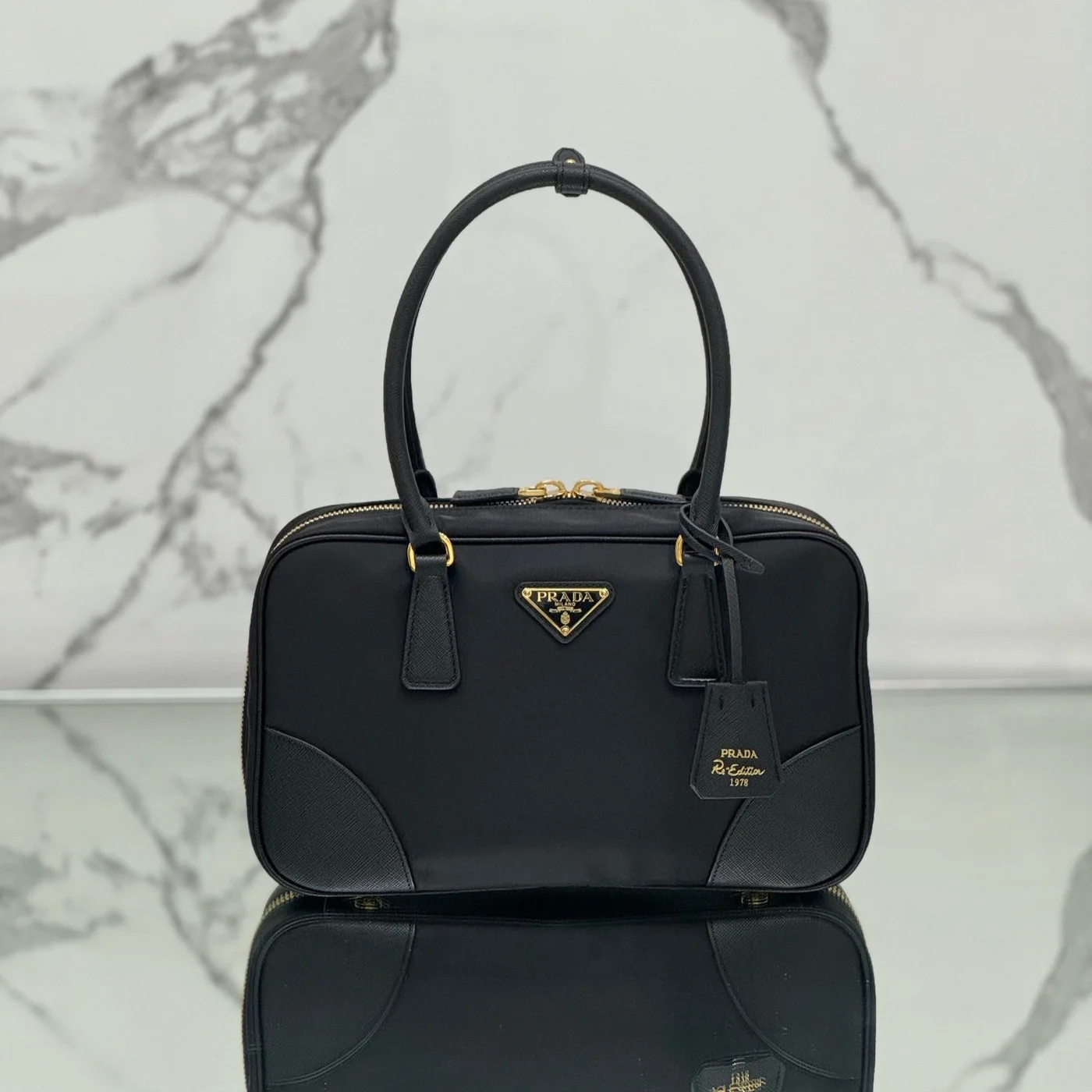 Prada Medium Top Handle Bag 30 In Black Nylon And Calfskin Trim product view 1