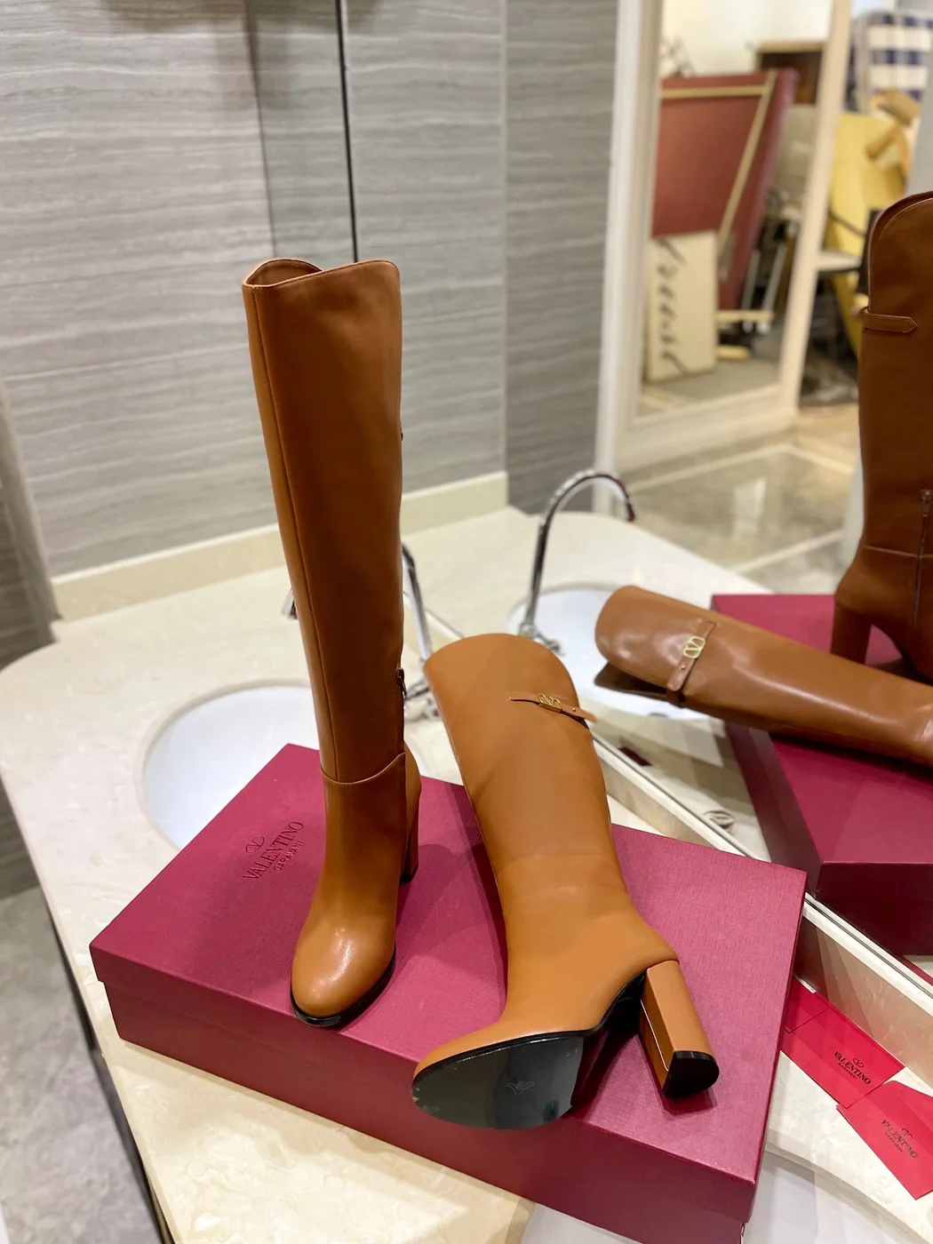 Valentino Women Brown Leather Knee High Boots — Upper-Shaft Buckle Detail product view 6