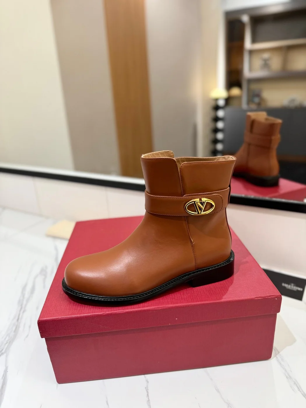 Valentino Women Brown Leather Ankle Boots — Low-Heel Chain-Cuff Style product view 5