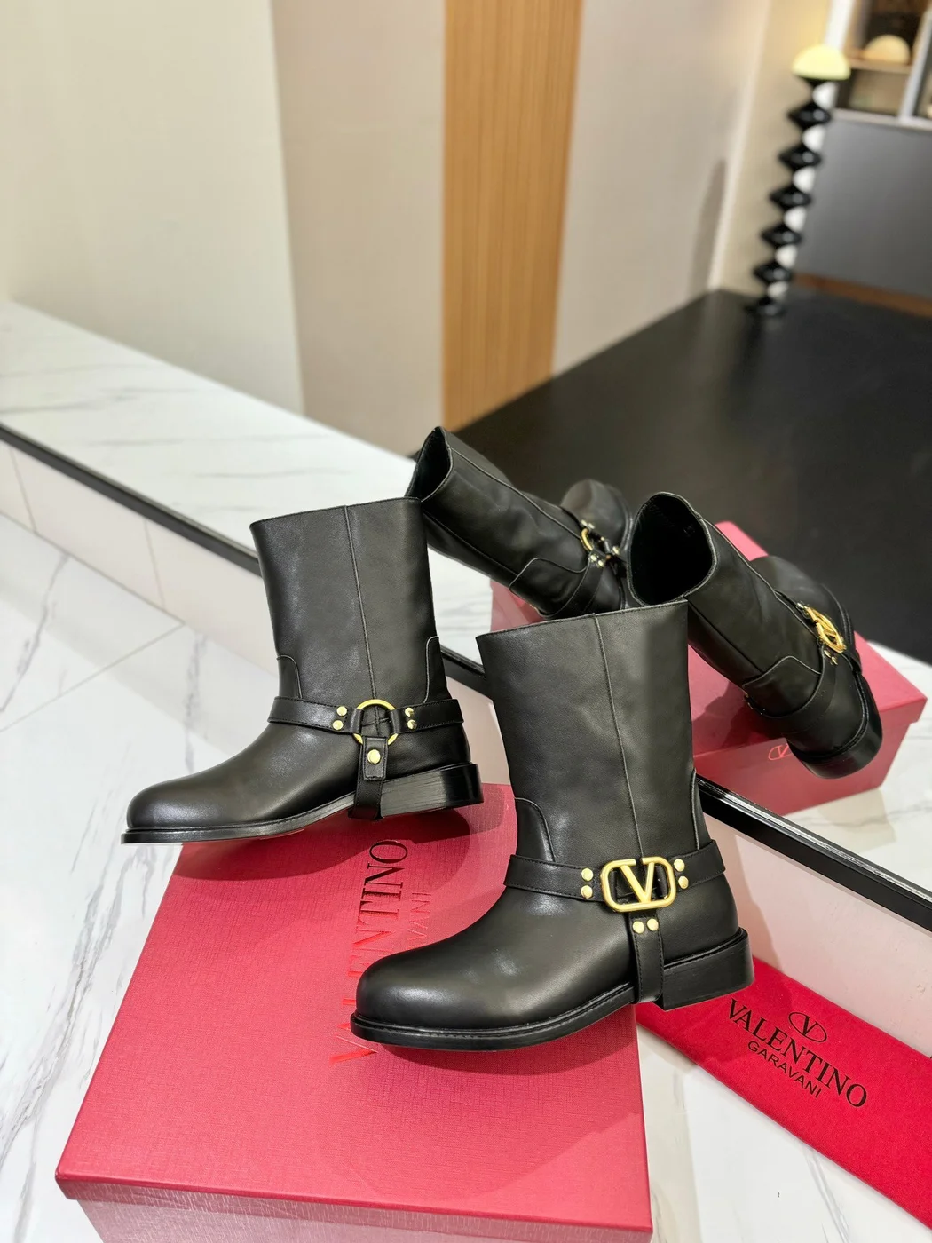 Valentino Women Black Leather Mid-Calf Boots product view 5