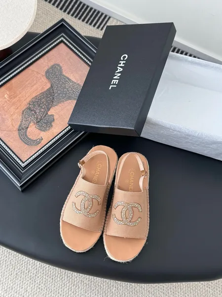 Chanel Women Beige Canvas Crystal Logo Sandals product photo