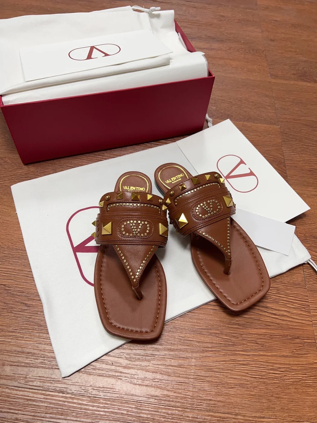 Valentino Women Brown Leather Studded Sandals product view 1