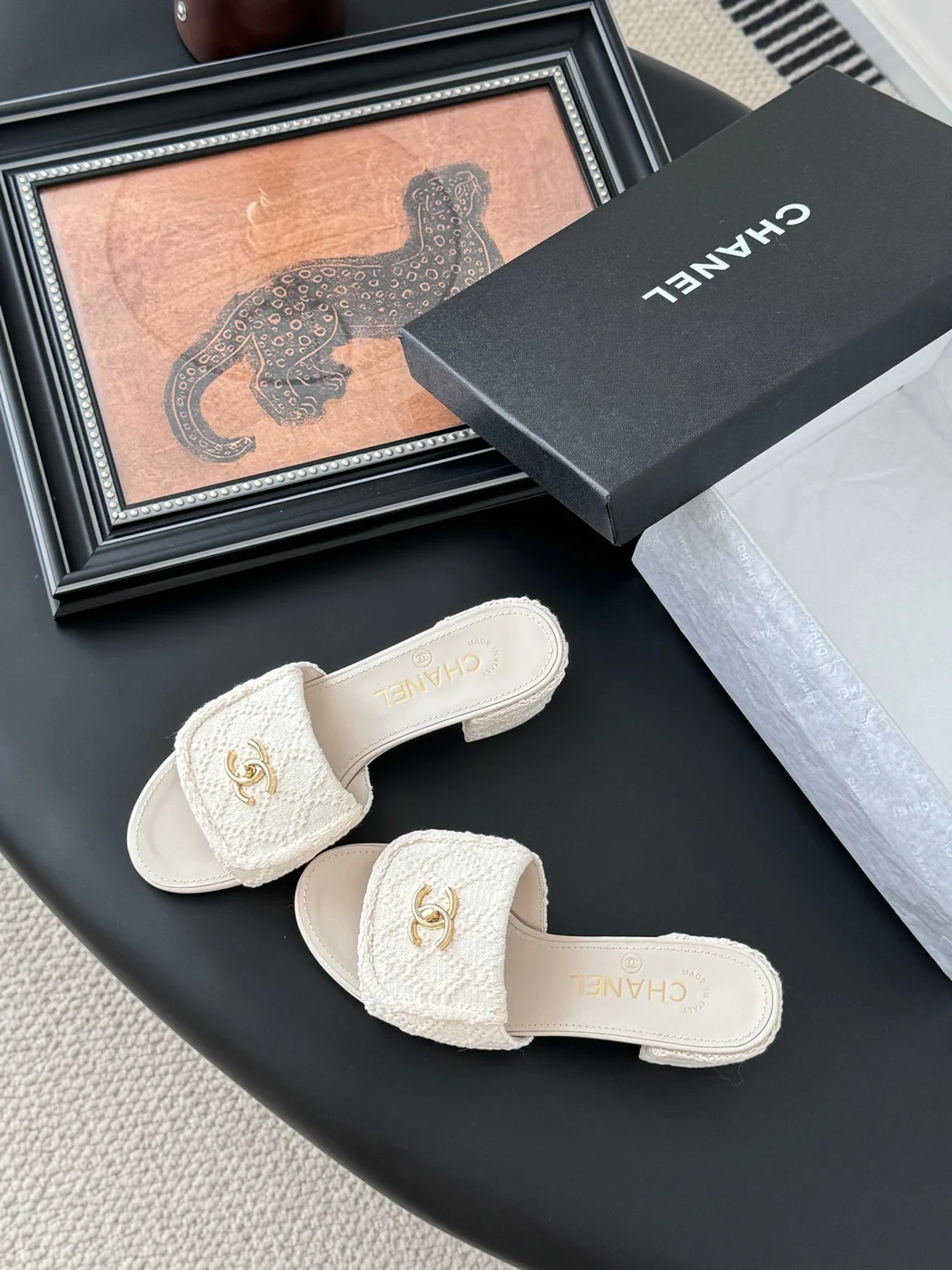 Chanel Women Cream Slides — Gold-Tone CC Detail product view 6