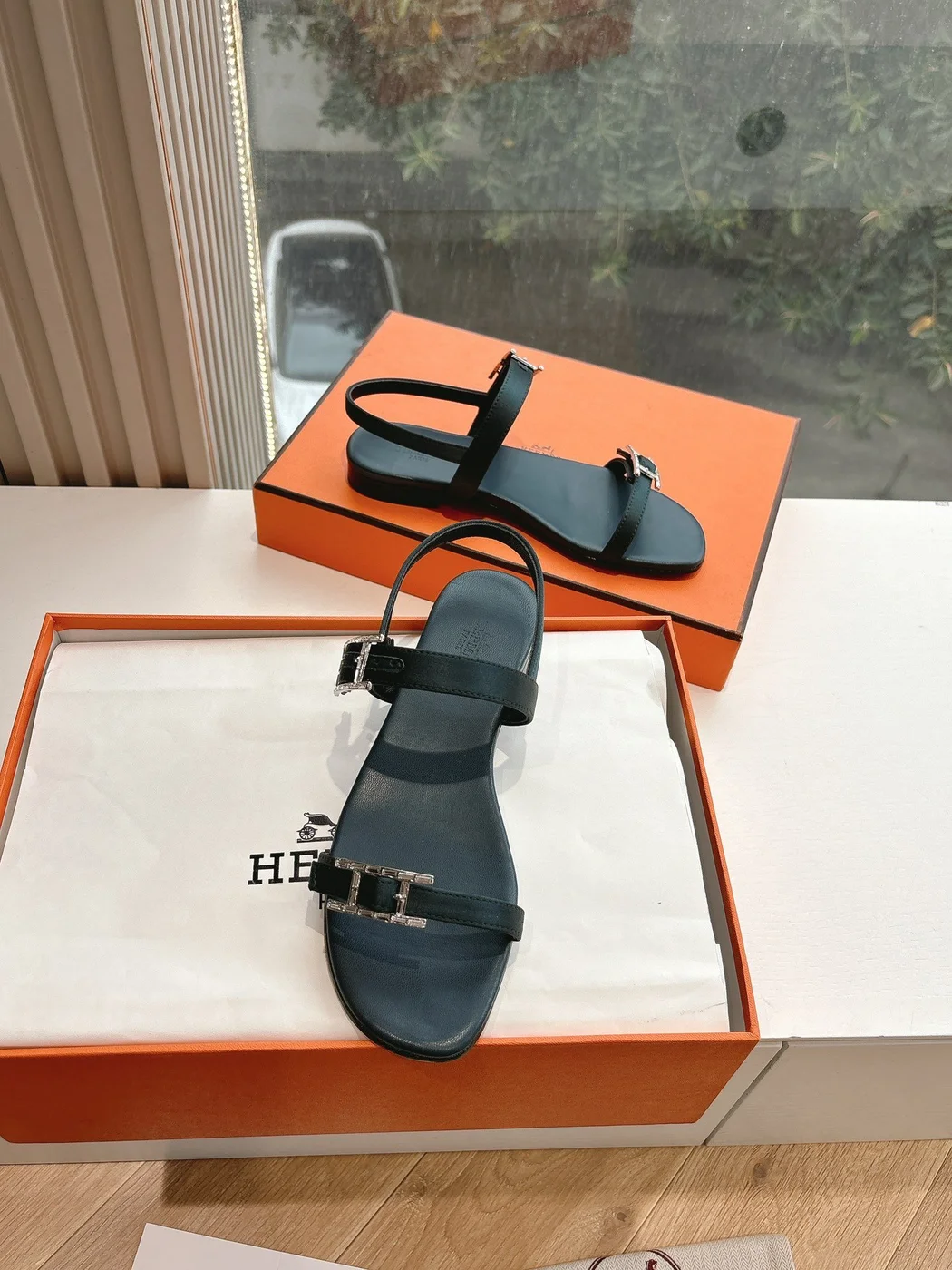 Hermès Women Black Leather Sandals — Two-Strap Metal-Bar Detail product view 3