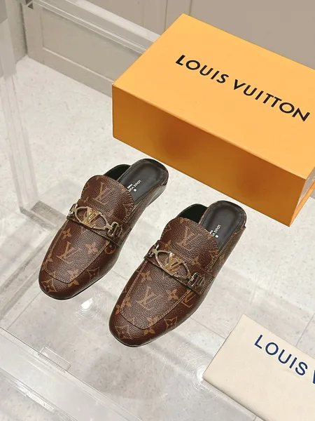 Louis Vuitton Women Brown Leather Mules — Metal-Bar Loafer Style product photo