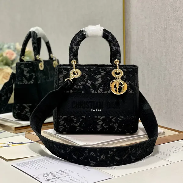 Dior Medium Lady D-Lite bag in black lace embroidery product photo