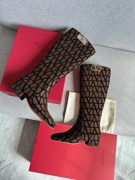 Valentino Women Brown Patterned Fabric Boots product photo