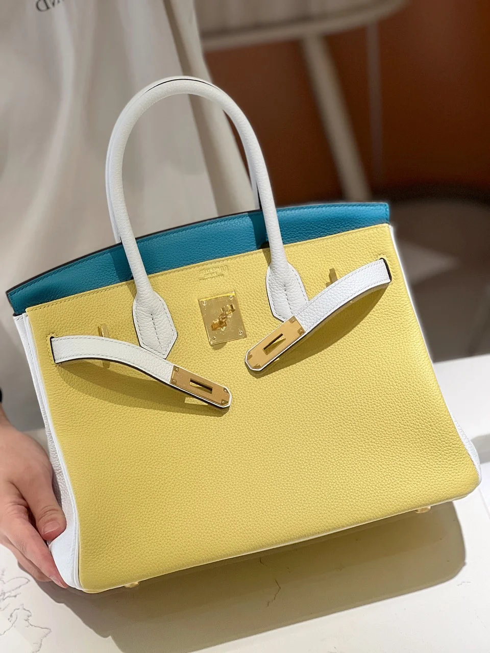 Hermès Lime, Bleu de Galice and Gris Perle Chèvre Tri-Color Hss Birkin 25 Brushed Gold Hardware Bag product view 7