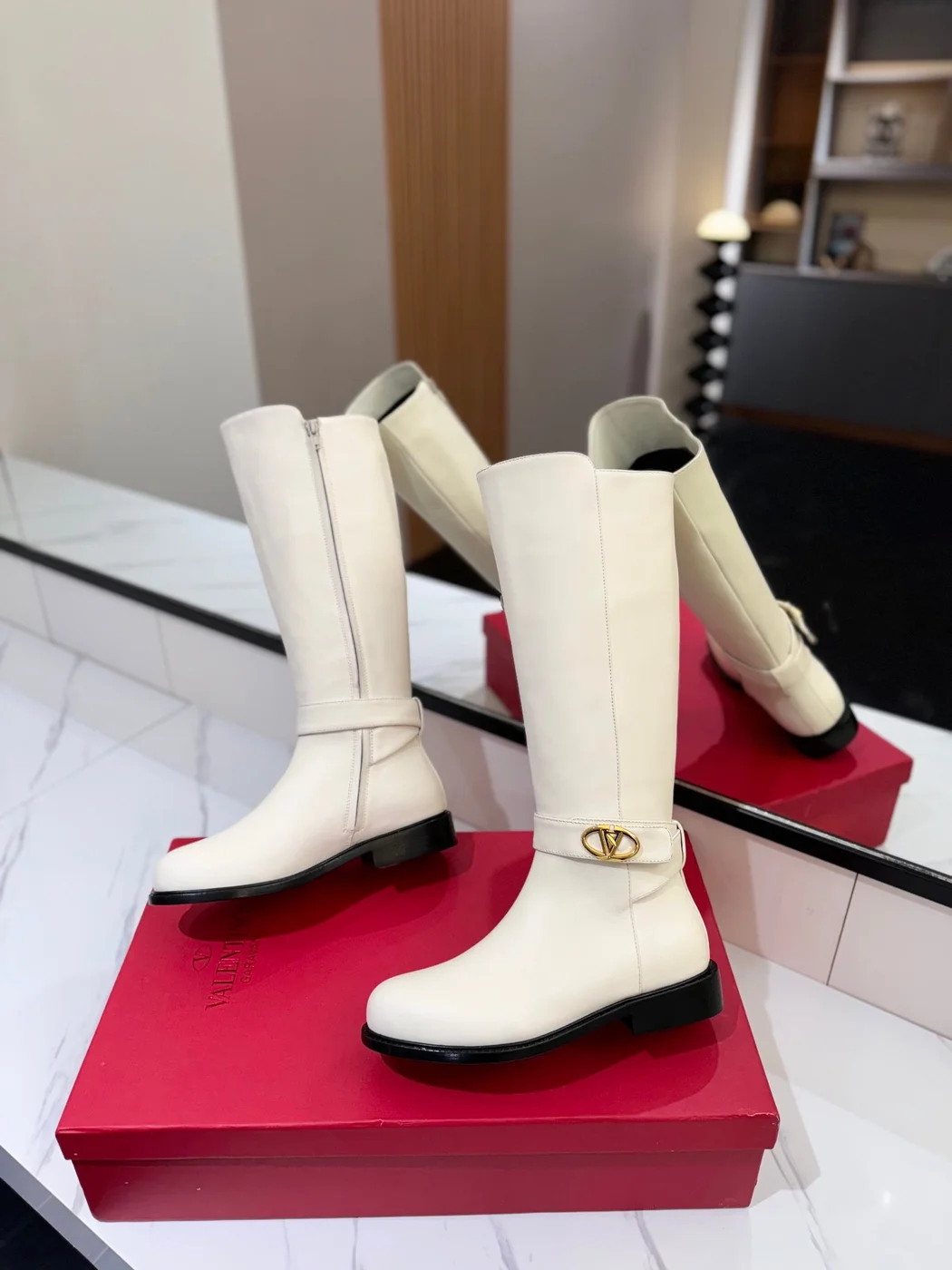 Valentino Women White Leather Knee High Boots — Ankle-Strap Detail product view 6