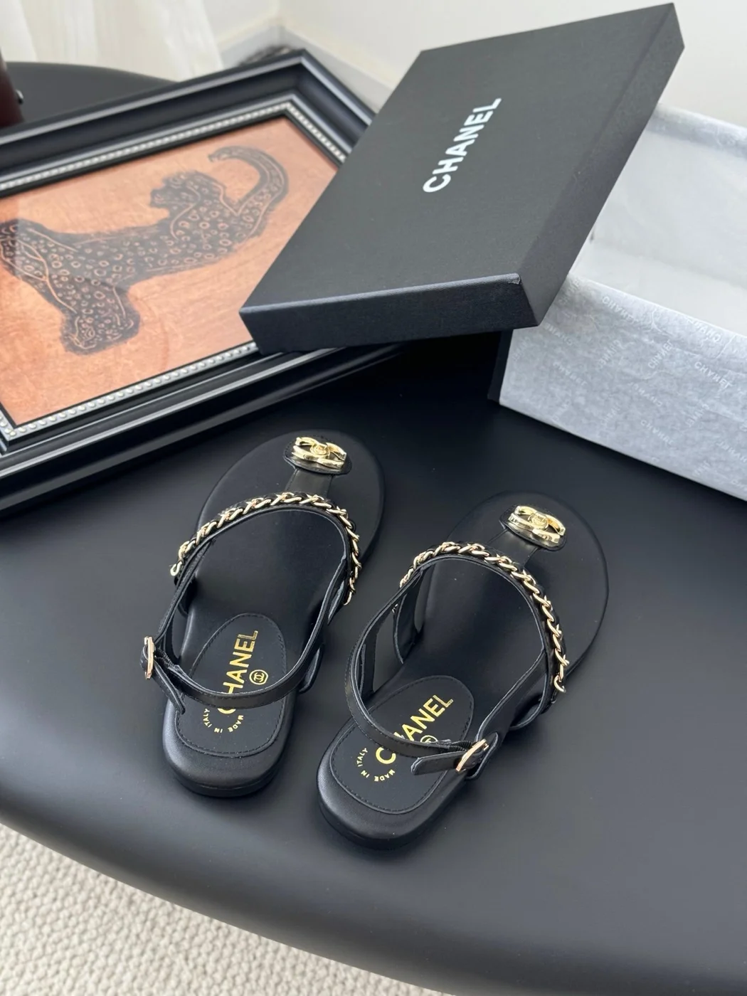 Chanel Women Black Leather Chain Detail Flat Sandals product view 5