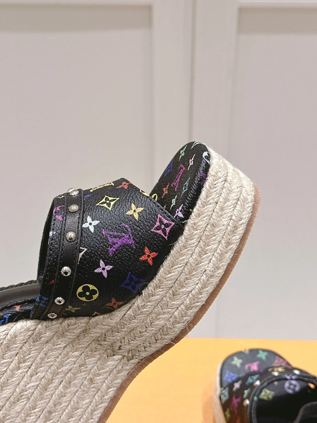 Louis Vuitton Women Black Leather Espadrille Wedge Sandals product view 2