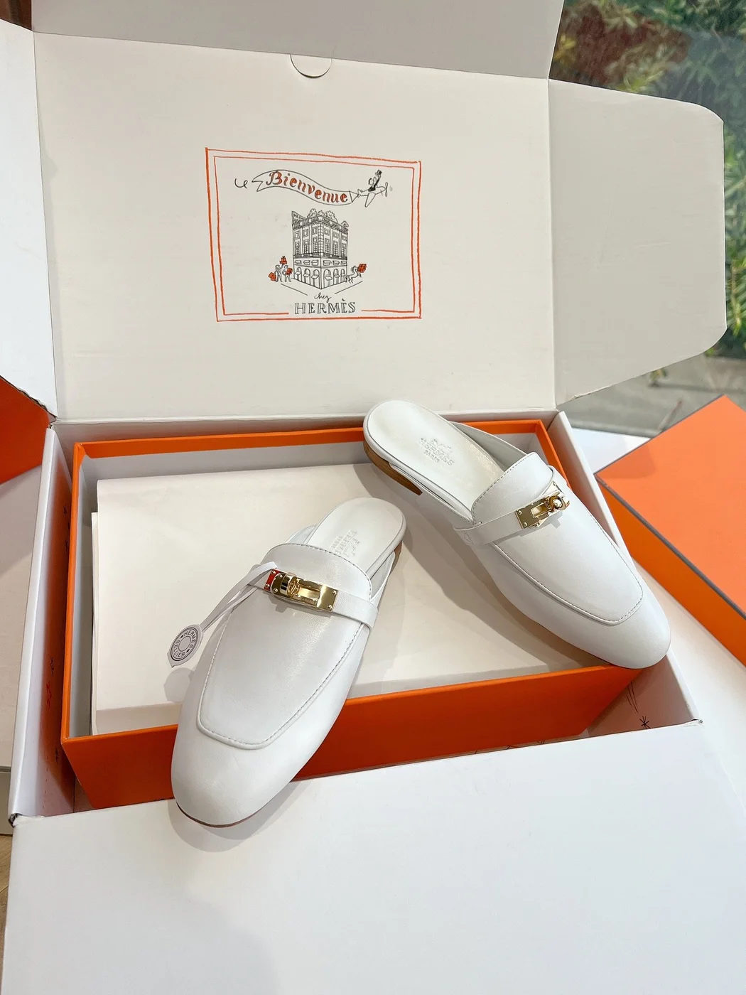 Hermès Women White Leather Mules — Metal-Bar Loafer Style product view 5