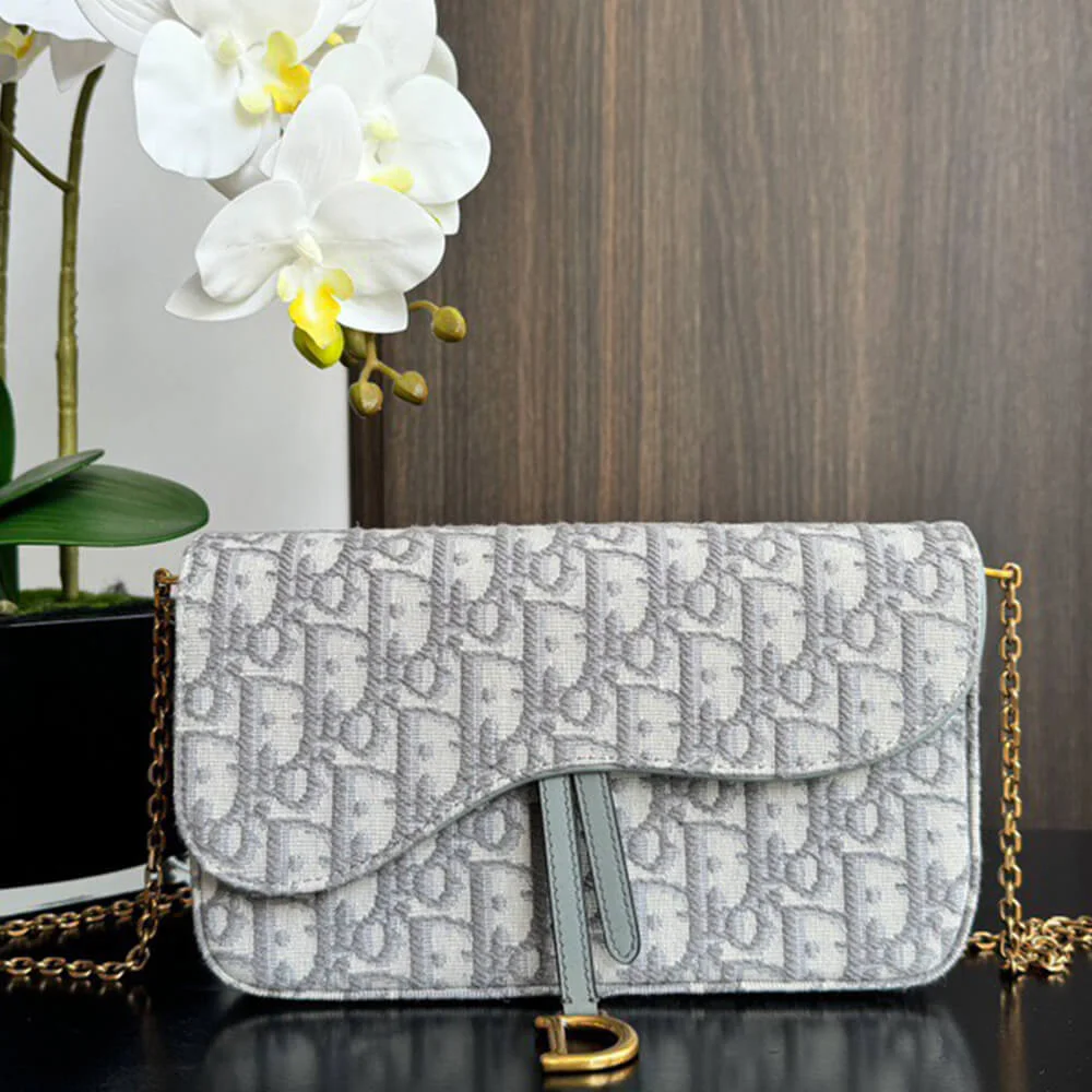 Dior Medium Saddle Pouch with Chain — Light Gray Oblique product view 1