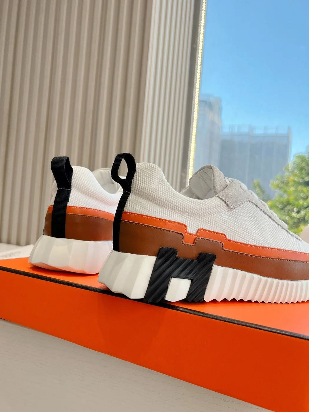 Hermès Women White Brown Leather Mesh Sneakers product view 6