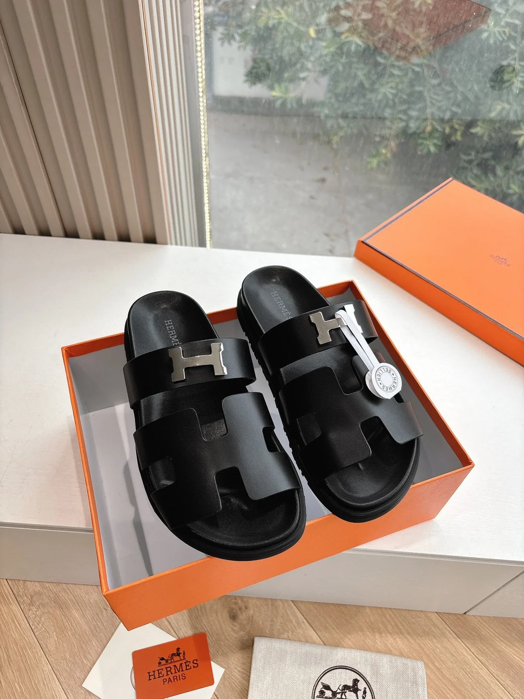 Hermès Women Black Leather Sandals — H-Strap Slides product view 3